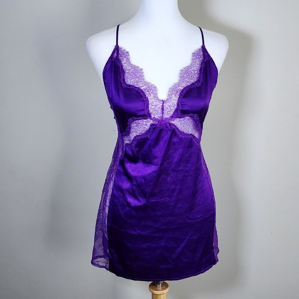 Victoria's Secret Slip Dress Womens Medium Purple Lace Satin Lingerie Chemise